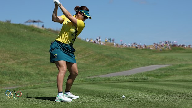Hannah Green of Team Australia tees off on the seventh hole during Day Four of the Women's Individual Stroke Play in the Olympic Games Paris 2024.