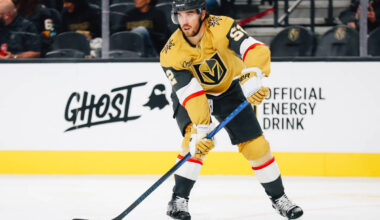 Golden Knights defenseman Dylan Coghlan (52) skates the puck during a preseason NHL hockey game ...