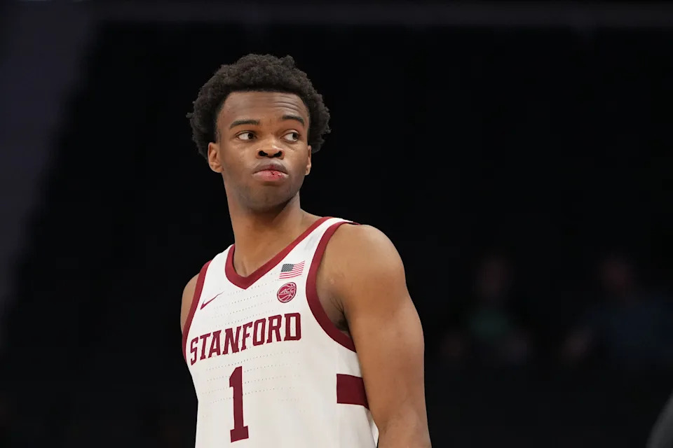 Stanford guard Ebuka Okorie on the court in the second half of an ACC Tournament game at Spectrum Center, March 10, 2026, in Charlotte, NC.