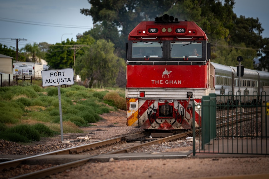 The red front of the Ghan train in the vicinity of Port Augusta in SA.
