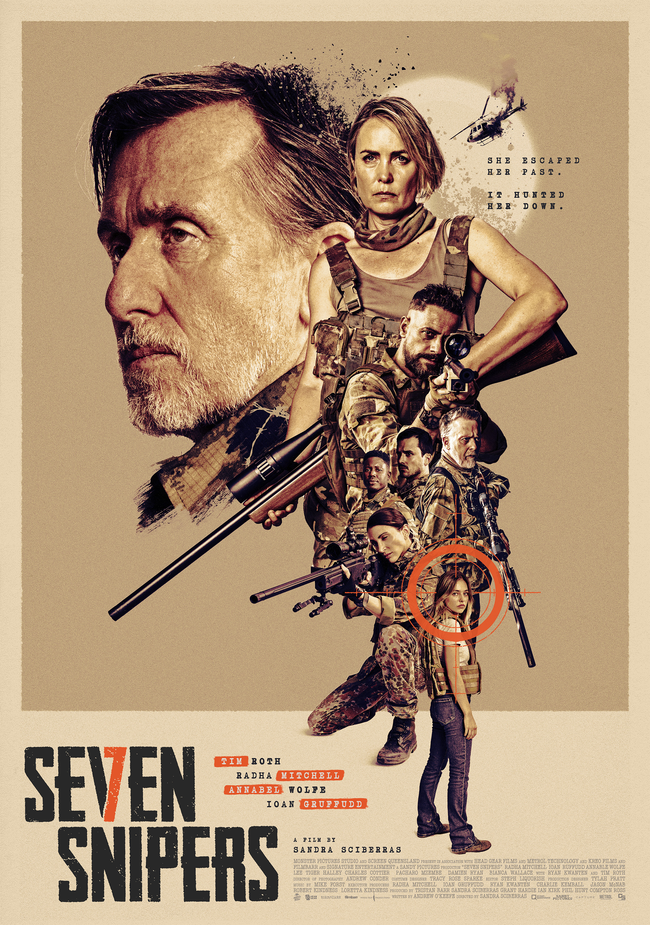 A film poster featuring a collage of men and women in camoflauge outfits, holding guns.