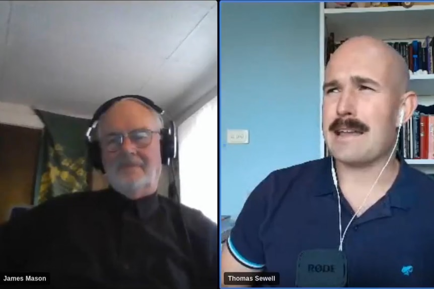 A split screen vodcast. On the left, an old man with grey hair and beard. On the right a bald man with a moustache
