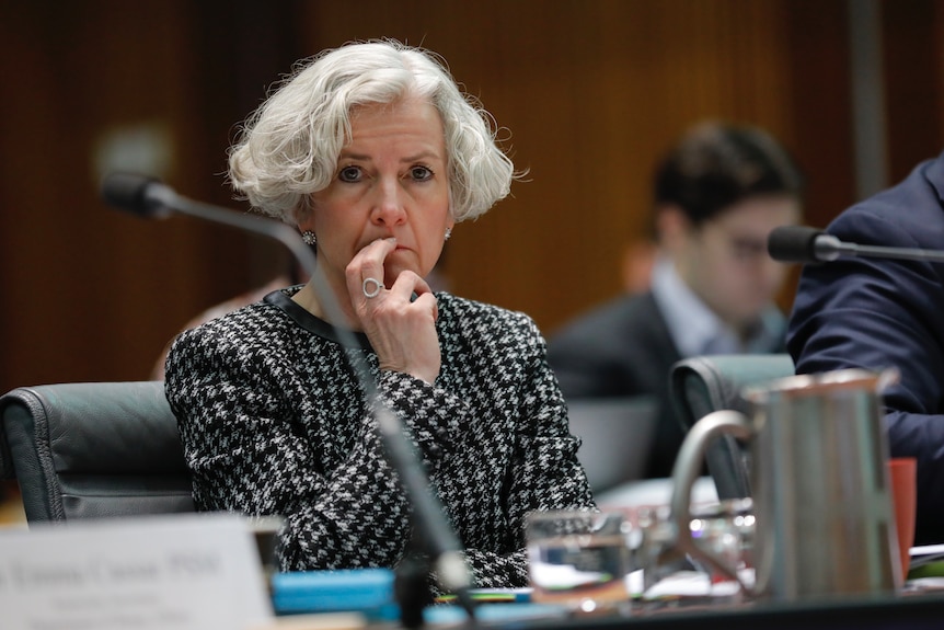 A woman with white hair, wearing a dark suit, sitting at a desk.