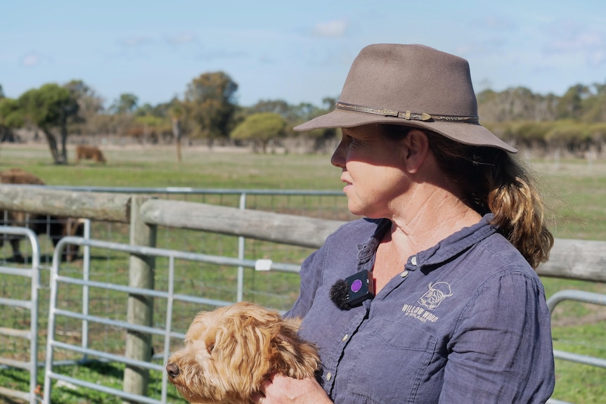 A woman with brown hair, wearing a hat and a navy button up shirt holding a small dog looking out over a green paddock