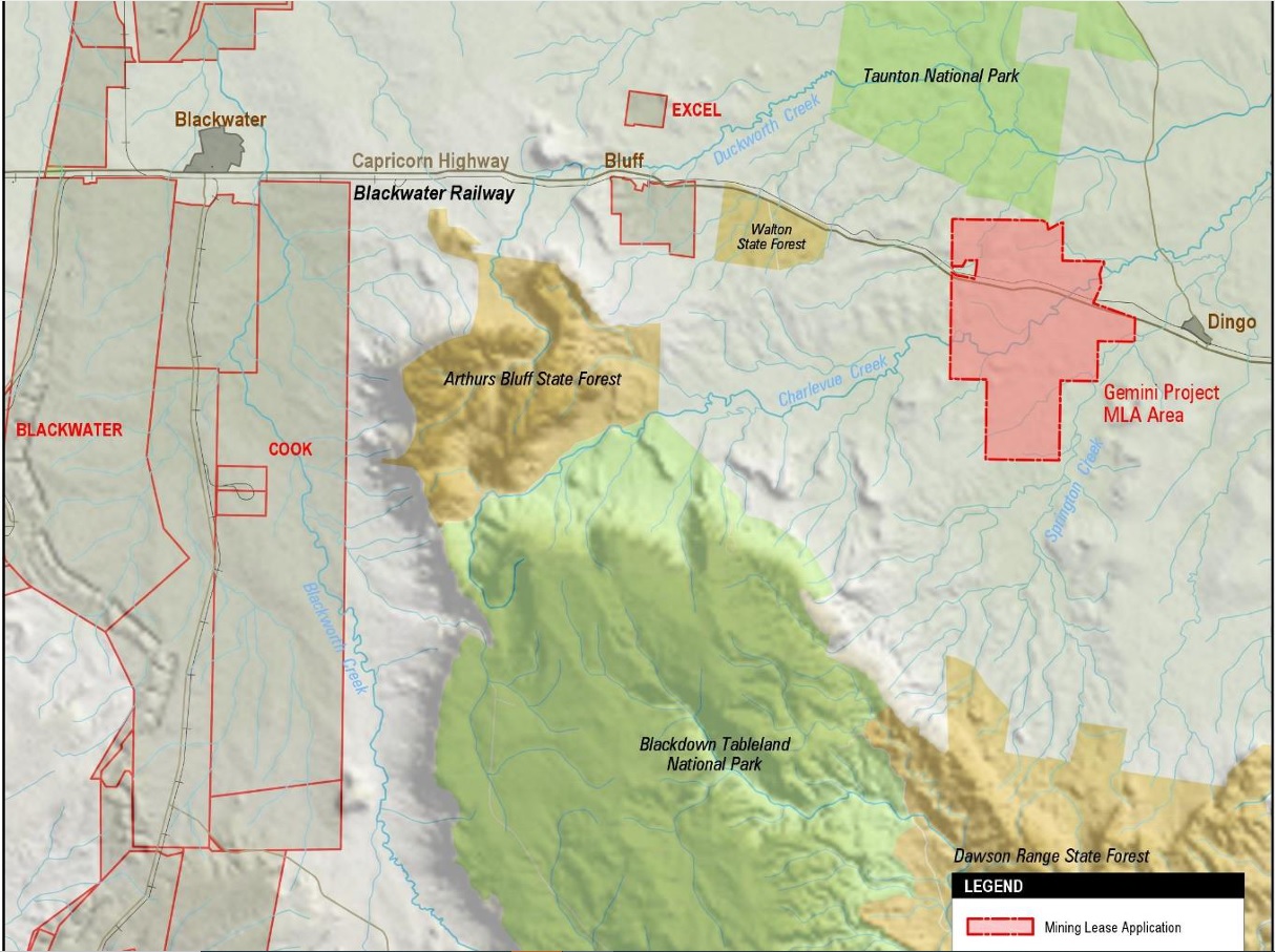 Map of a proposed mine showing its proximity to two national parks and a state forest