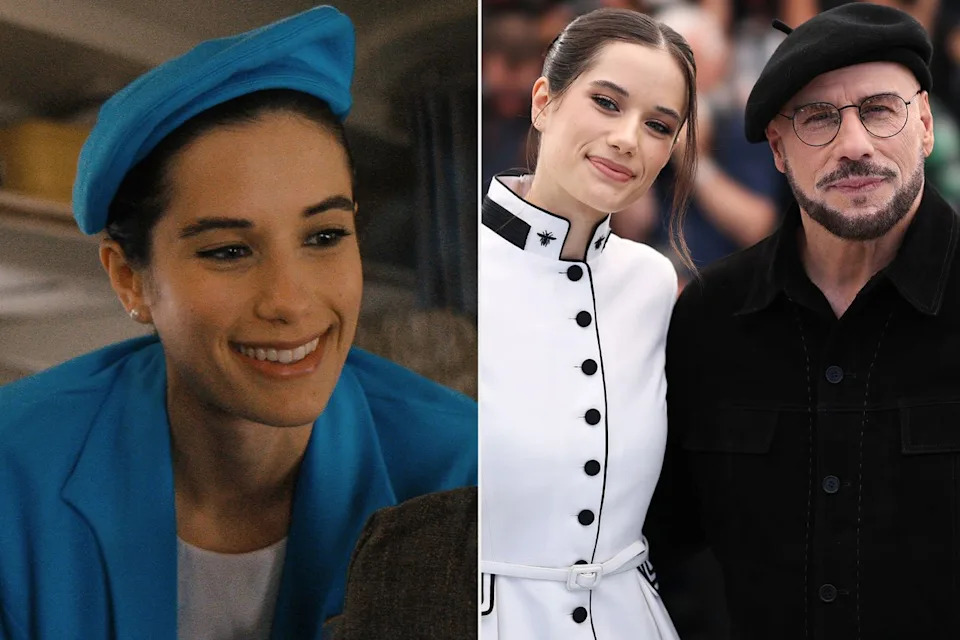 Ella Travolta in 'Propeller One-Way Night Coach'; Ella Travolta and John Travolta at the Cannes Film Festival photocall for 'Propeller One-Way Night Coach' on May 16, 2026Credit: Apple TV; Aurore Marechal/Getty