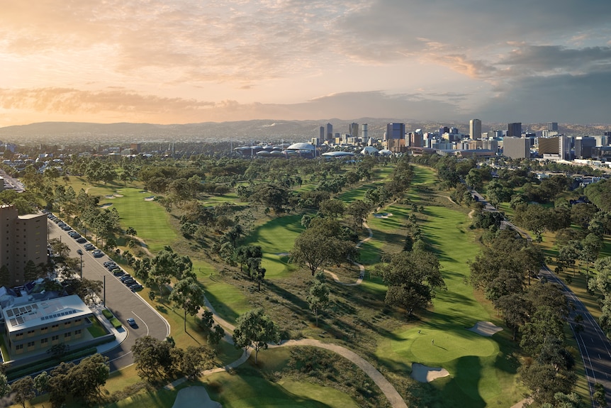 A concept design of a golf course with trees and a city in the background and sunset sky.