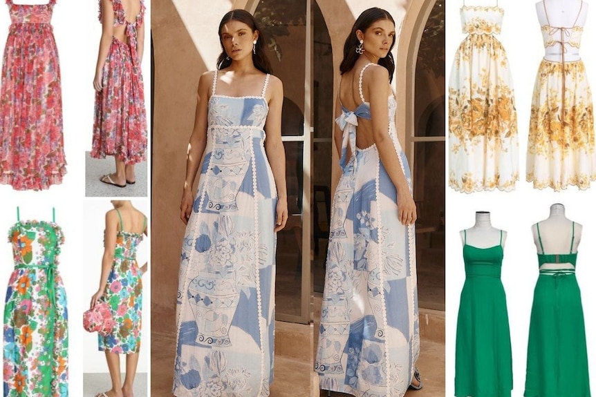 A composite image showing five similar shaped dresses, the middle item showing Sabo Skirts dress. 