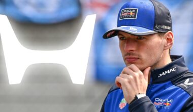 Max Verstappen stares at a Honda logo with his hand on his chin in a composite image