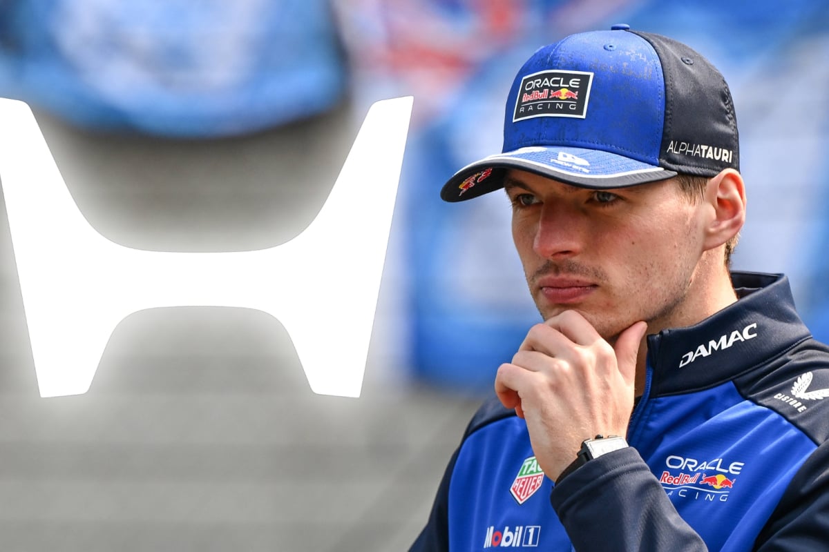 Max Verstappen stares at a Honda logo with his hand on his chin in a composite image