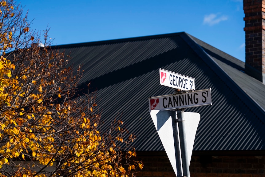 A street sign reading George Street in the sun with autumn leaves behind it.