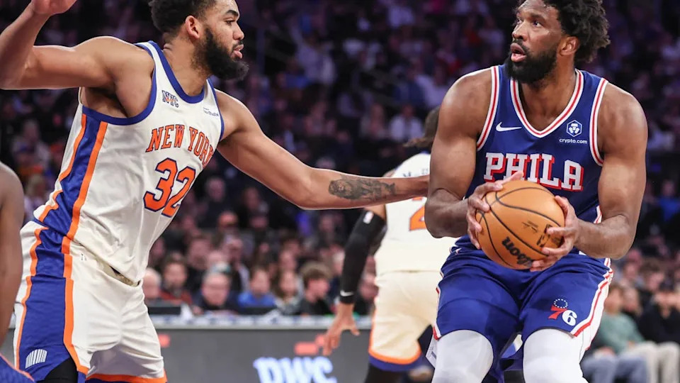 Philadelphia 76ers center Joel Embiid looks to shoot past New York Knicks center <a class="link " href="https://sports.yahoo.com/nba/players/5432/" data-i13n="sec:content-canvas;subsec:anchor_text;elm:context_link" data-ylk="slk:Karl-Anthony Towns;sec:content-canvas;subsec:anchor_text;elm:context_link;itc:0" data-yga="{"yLinkElement":"context_link","yModuleName":"content-canvas","yLinkText":"Karl-Anthony Towns","ySubModuleName":"anchor_text","yHasCommerce":false}">Karl-Anthony Towns</a> in the third quarter at Madison Square Garden. Wendell Cruz-Imagn Images