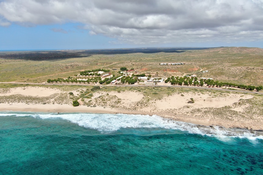An aerial shot of a coastal caravan park with the ocean in the foreground