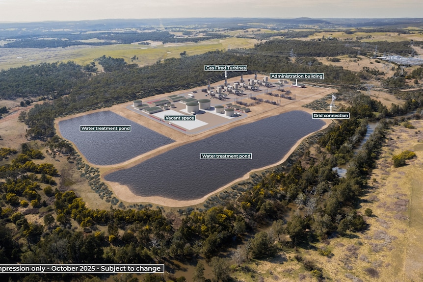 artists impression of the Marulan gas plant with wastewater ponds, and gas turbines