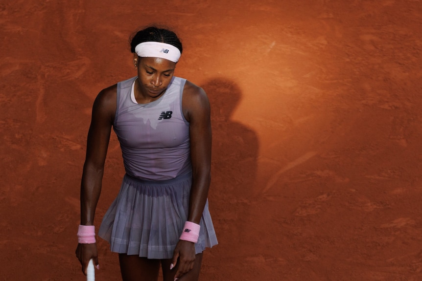 Coco Gauff looks sad at the French Open.