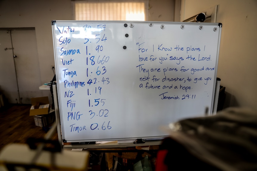 A whiteboard with blue writing on it displays a list of country names next to numbers as well as a bible quote.
