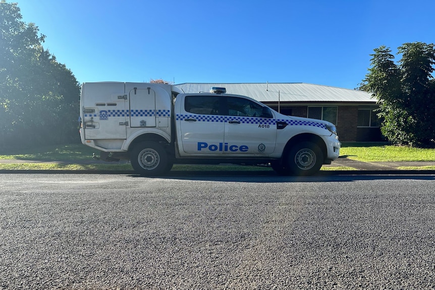A police wagon parked on the street obscures a unit block