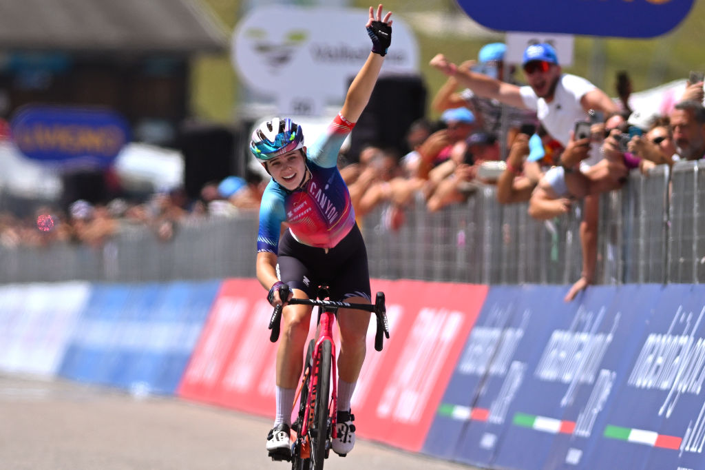 Neve Bradbury of Australia and Team Canyon//SRAM Racing celebrates at finish line as stage winner during the 35th Giro d'Italia Women 2024