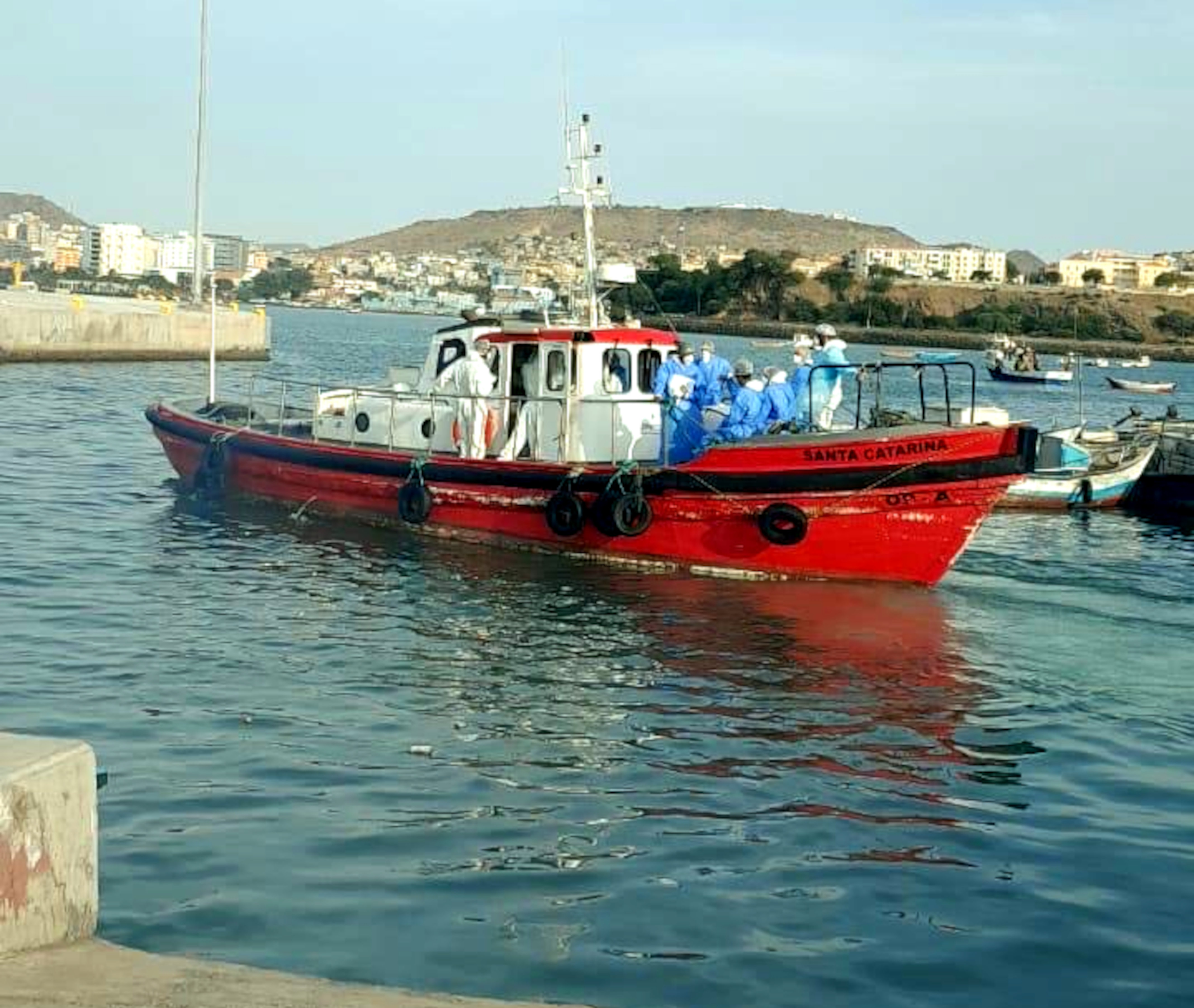 A boat with health workers who have treated cruise ship patients with hantavirus