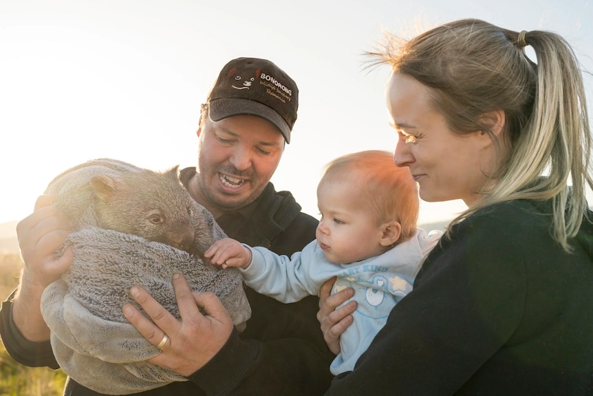 A man holds a wombat which is being admired by a baby and woman.