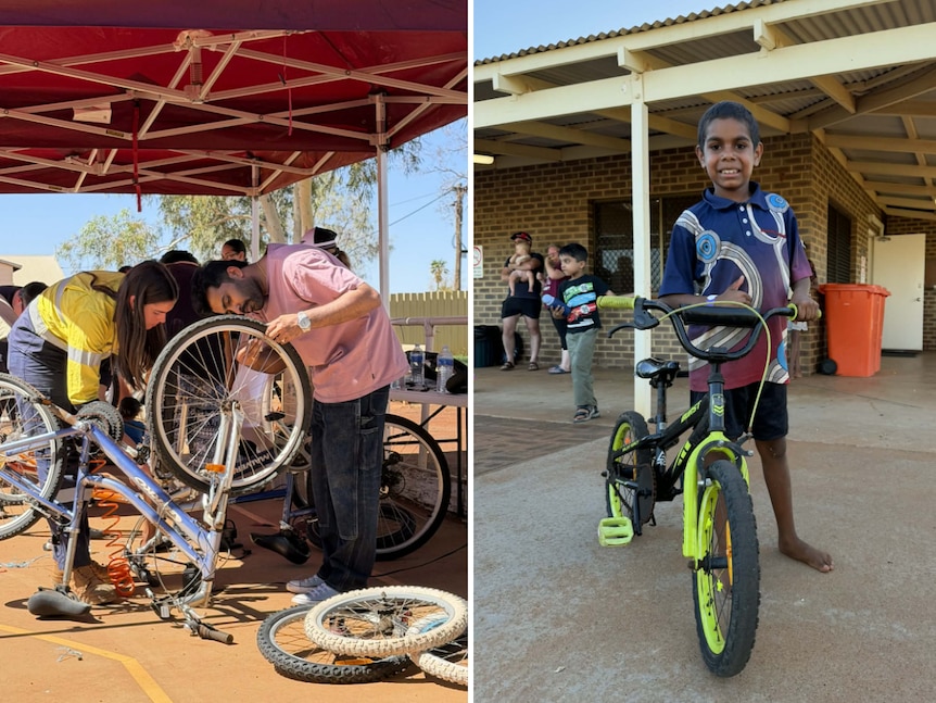 Composite: a man and a woman fixing a bike together; a kid smiles next to a bike