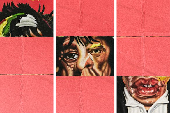 The artwork appears to be inspired by the surrealist art game The Exquisite Corpse. 