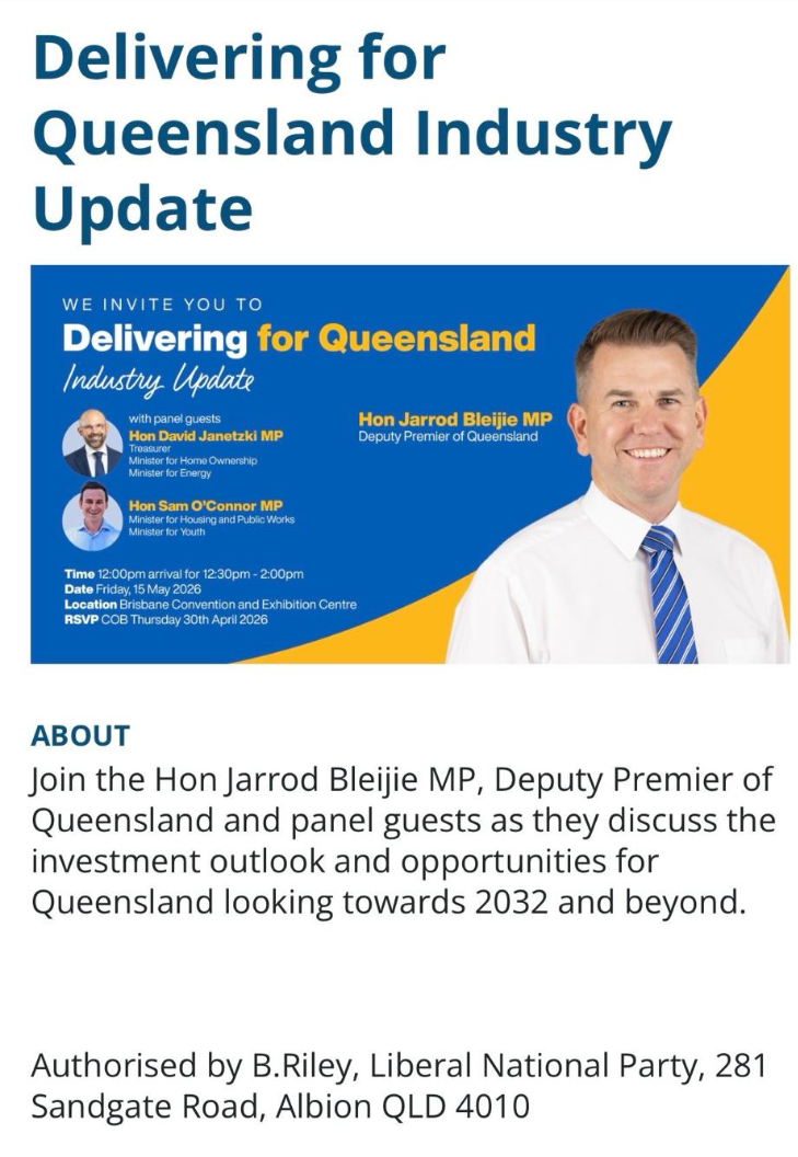 A flyer with Jarrod Bleijie's face on it for an industry update lunch. 