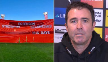 Brad Scott press conference video, Essendon Bombers coach left unimpressed by GWS Giants banner referencing whiteboard gate