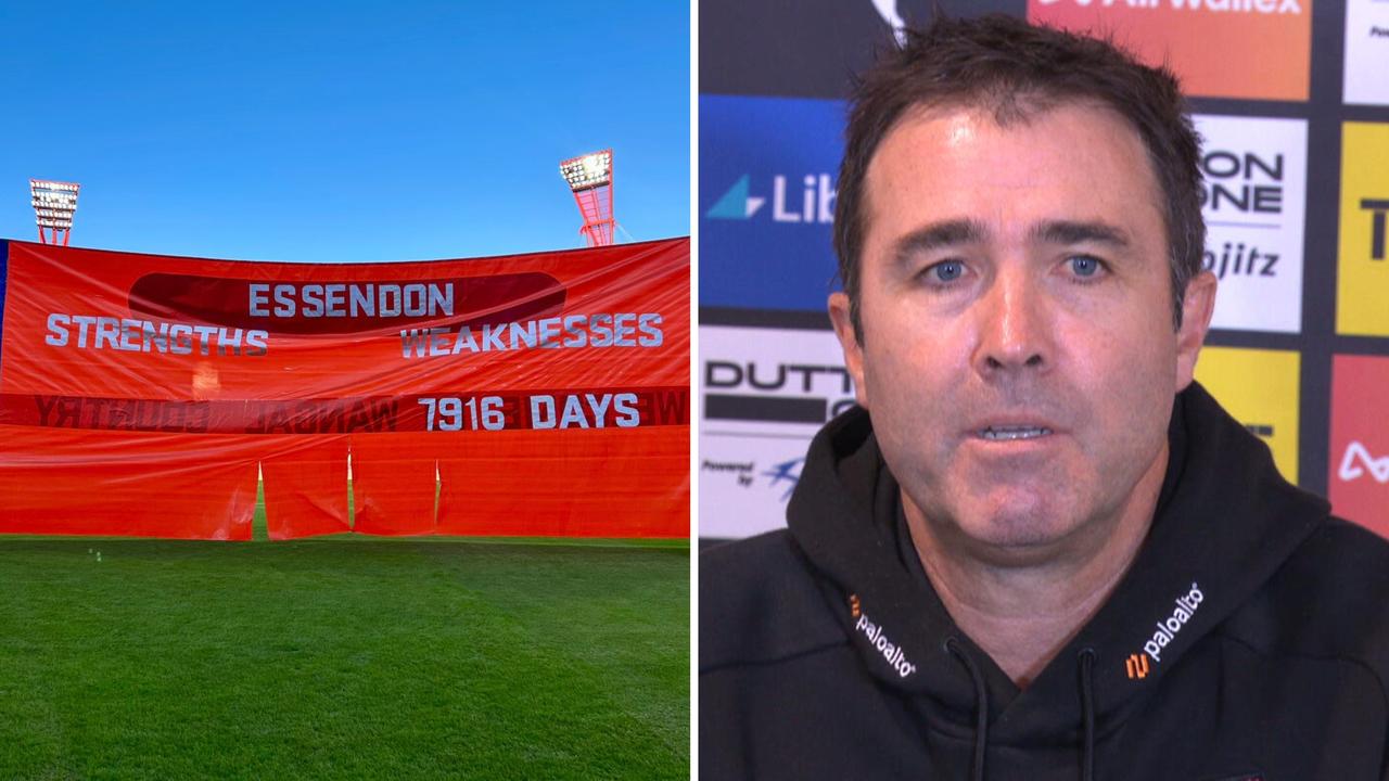 Brad Scott press conference video, Essendon Bombers coach left unimpressed by GWS Giants banner referencing whiteboard gate