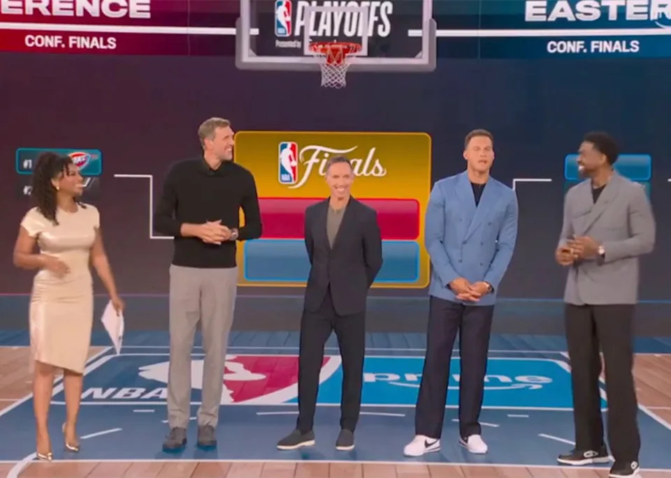 NBA on Prime cast (L-R), Taylor Rooks, Dirk Nowitzki, Steve Nash, Blake Griffin and <a class="link " href="https://sports.yahoo.com/nba/players/3765/" data-i13n="sec:content-canvas;subsec:anchor_text;elm:context_link" data-ylk="slk:Udonis Haslem;sec:content-canvas;subsec:anchor_text;elm:context_link;itc:0" data-yga="{"yLinkElement":"context_link","yModuleName":"content-canvas","yLinkText":"Udonis Haslem","ySubModuleName":"anchor_text","yHasCommerce":false}">Udonis Haslem</a>. X