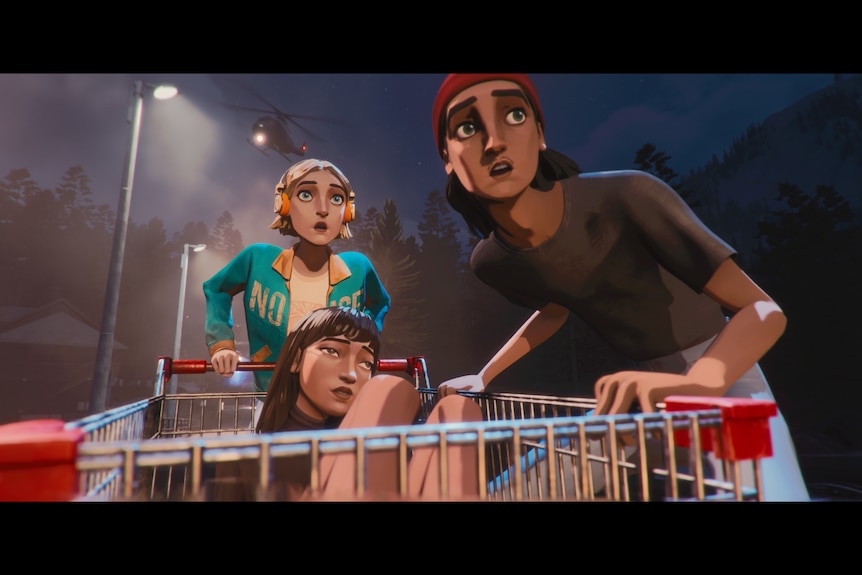 An animated image of two people pushing a girl in a shopping trolley at night.