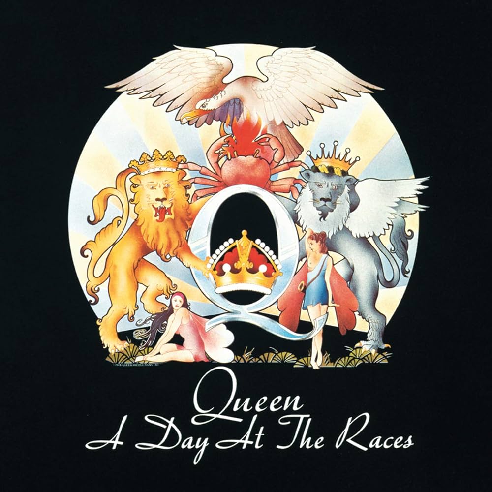 Emblem-style illustration with animals including a lion, a Q, crown and two fairy-like creatures.