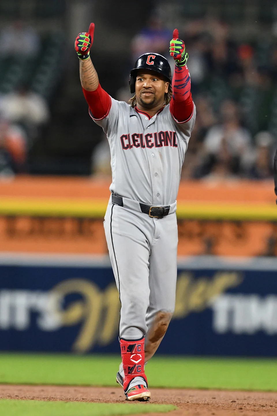May 18, 2026; Detroit, Michigan, USA; Cleveland Guardians third baseman Jose Ramirez (11) celebrates at second base after hitting a two-run double against the Detroit Tigers in the sixth inning at Comerica Park. Mandatory Credit: Lon Horwedel-Imagn Images