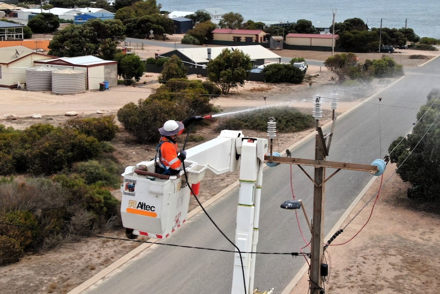 A SA Power Networks worker hoses down polluted insulator