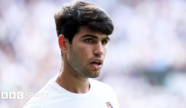Carlos Alcaraz looks on during the Wimbledon final in 2025