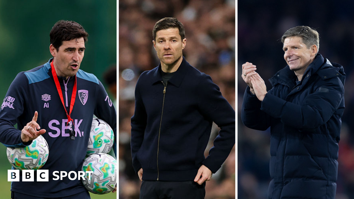 Split image of Chelsea's managerial candidates. Andoni Iraola (left), wearing a blue half-zip jumper with purple details holds three white, grey and green footballs under his arms and points his right index finger up as he issues instruction. Xabi Alonso (centre), wearing all black, stands on the touchline with the crowd blurred in the background. Oliver Glasner (right), smiling and wearing a dark blue puffer coat, applauds the crowd.