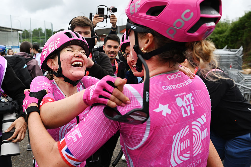 SALVATERRA DE MINO, SPAIN - MAY 03: Stage winner, Noemi Ruegg of Switzerland and Alice Towers of Great Britain and Team EF Education-Oatly react after the 12th La Vuelta Femenina 2026, Stage 1 a 113.9km stage from Marin to Salvaterra de Mino / #UCIWWT / on May 03, 2026 in Salvaterra de Mino, Spain. (Photo by Szymon Gruchalski/Getty Images)