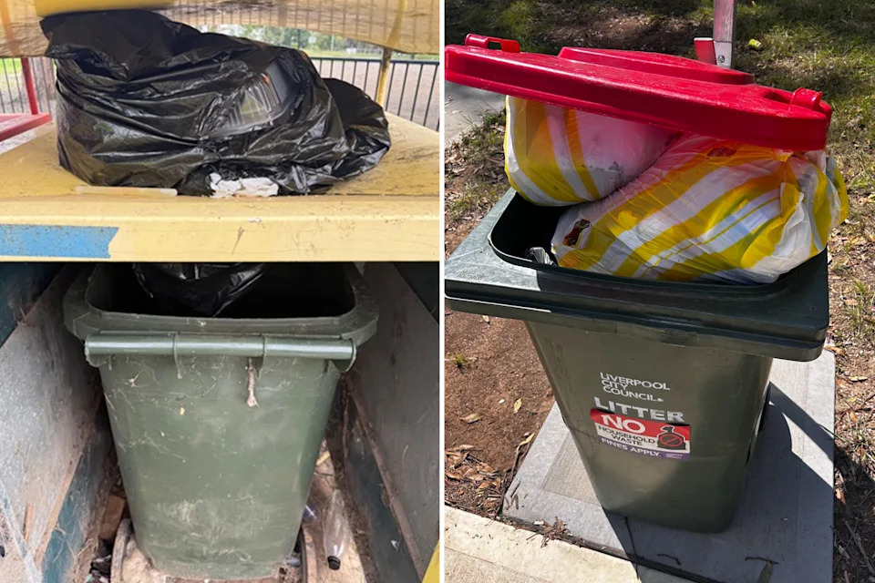 Some public bins in the Liverpool Council area have stickers placed on the front. warning offenders that fines apply for dumping household waste. Source: Liverpool Council/Yahoo News Australia