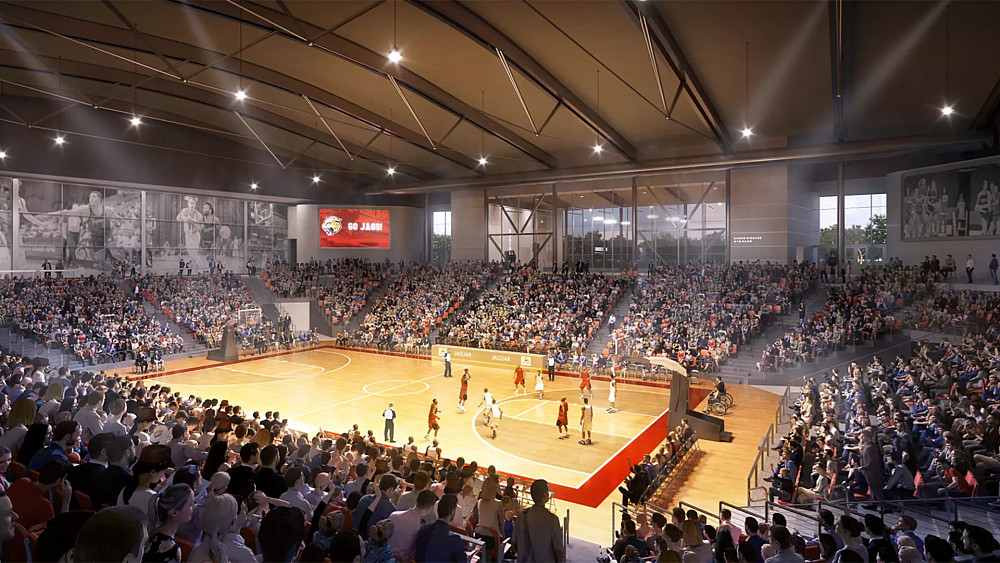 Morris Arena rendering Illustration of basketball game being played inside Morris Arena