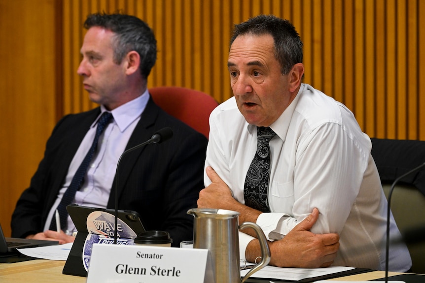 A man in a white shirt and tie leans forward as he talks in front of a committee.