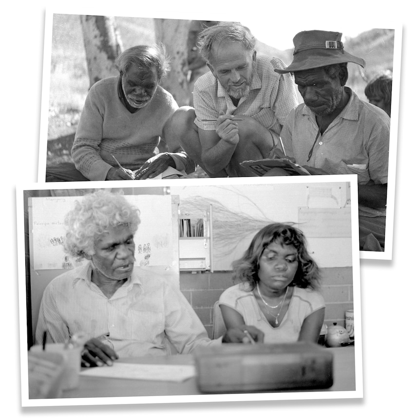 A composite image of archival images of Indigenous people learning at an indoor and outdoor school.