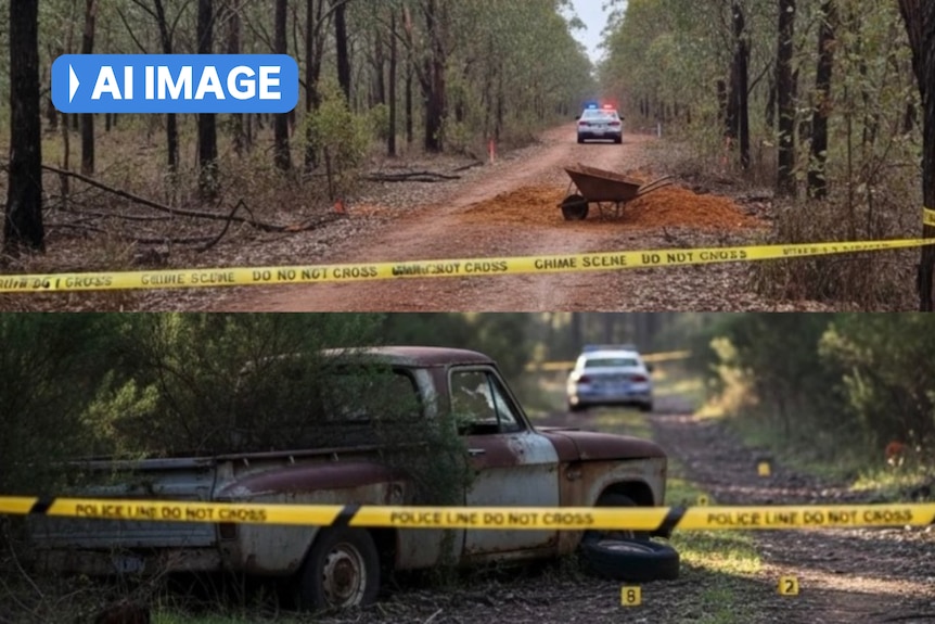 Composite image of AI generated crime scenes. Both have yellow crime scene tape and police cars set in bushland.