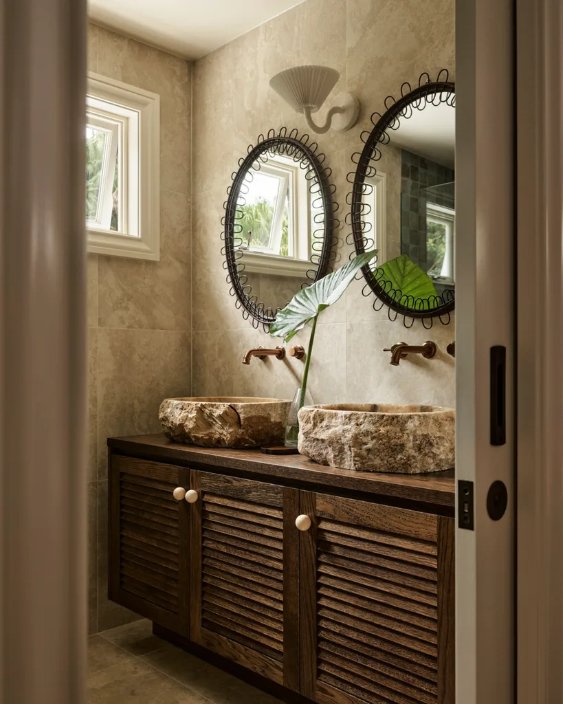 Stone basin and round mirrors