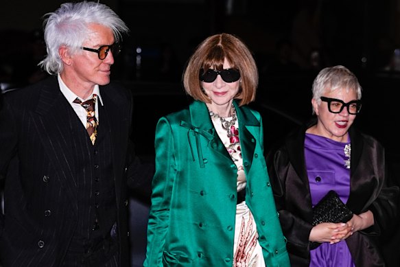 Anna Wintour (centre) arrives at a pre-Met Gala party hosted by Jeff Bezos and Lauren Sanchez Bezos in New York with Baz Luhrmann and Catherine Martin.