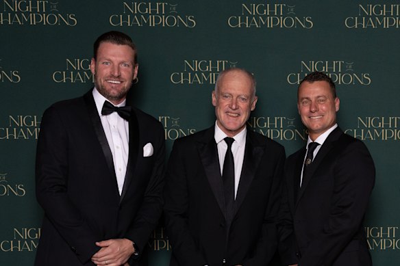 Sam Groth, John Fitzgerald and Lleyton Hewitt at the Night Of Champions at the Regent Plaza Ballroom in Melbourne.