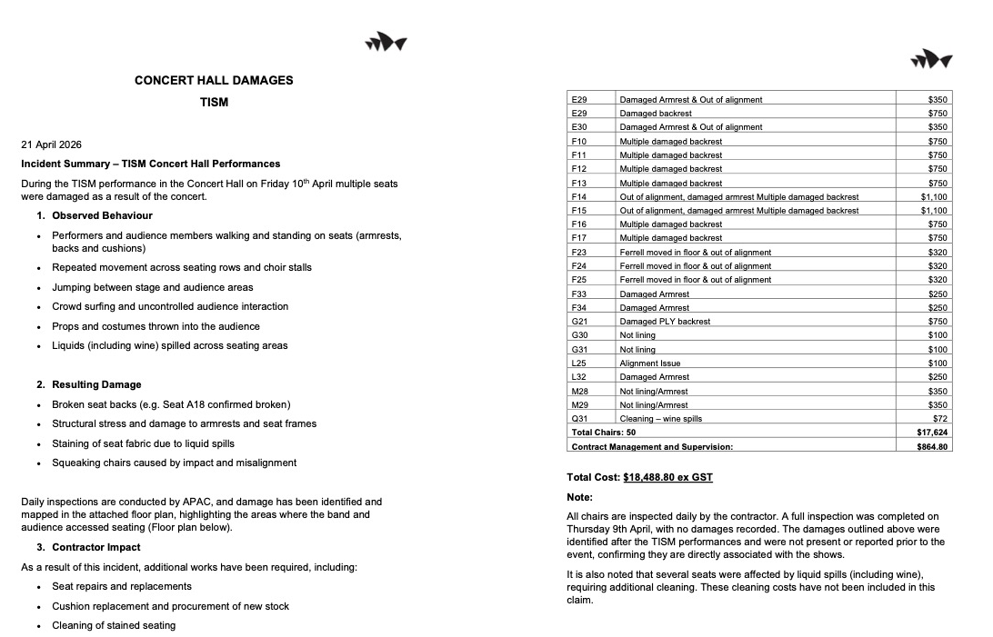 Scan of Sydney Opera House document detailing damages to the concert hall incurred during a performance from TISM.