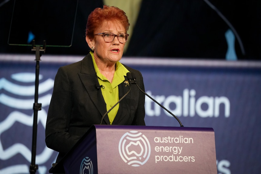 A woman with orange hair and glasses is speaking as she stands behind a lecturn