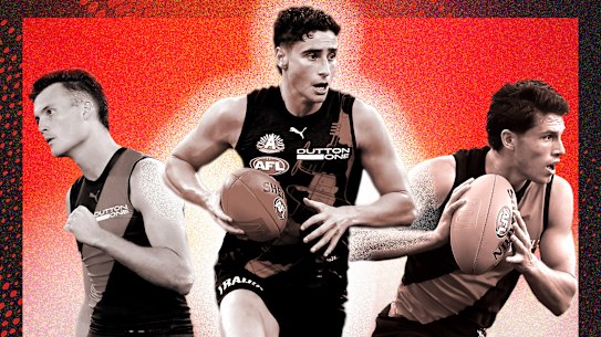 Former Essendon top-10 draft picks: Nik Cox, Elijah Tsatas and Archie Perkins.