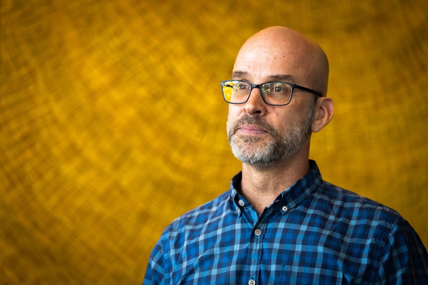 White man, bald haircut, beard gray and brown, wearing blue checkered shirt, brown background, serious expression on face
