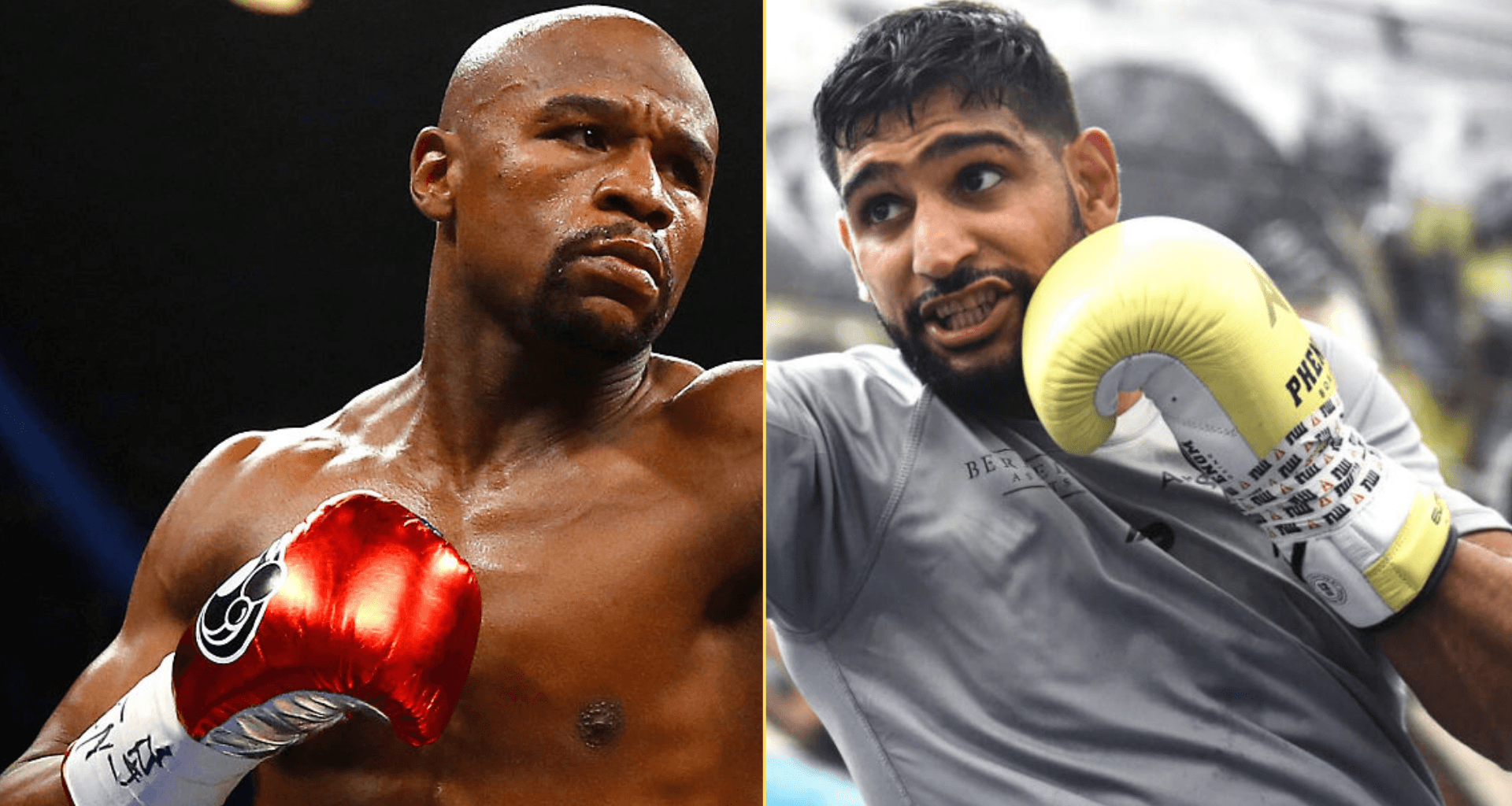 Split image of Floyd Mayweather fighting and Amir Khan training